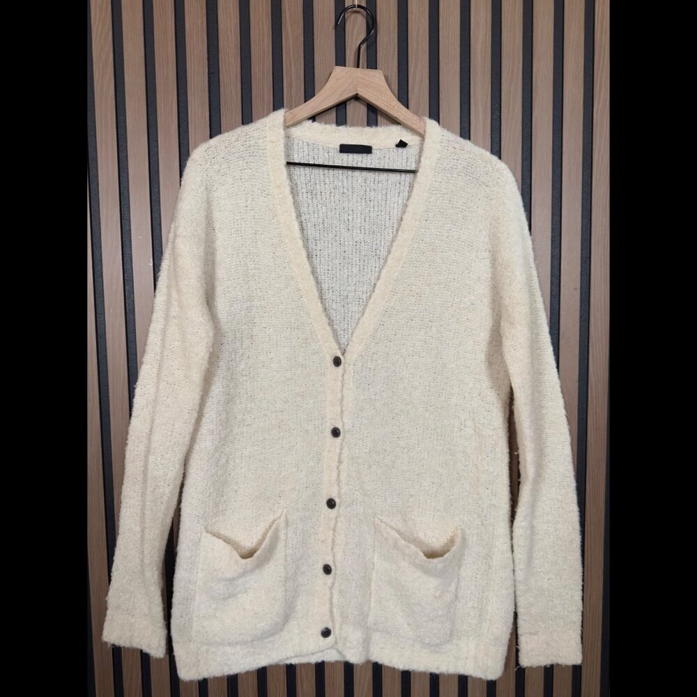 ATM Sweater Small Womens Beige Fleece Sherpa Alpaca Merino Wool Cardigan Pocket